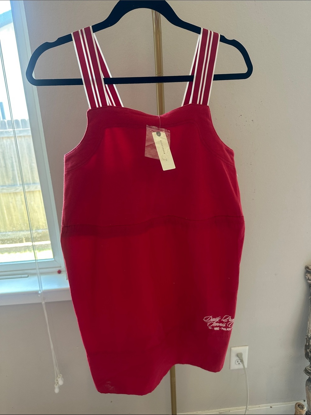 Women’s Red Pinafore Dress with Striped Straps